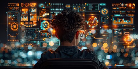Young man analyzing futuristic digital dashboard with glowing data charts and holographic interface