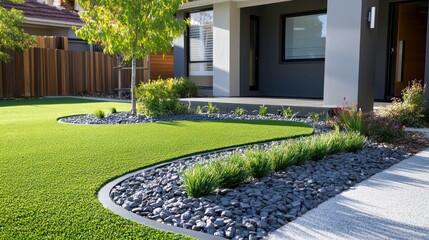 A contemporary Australian home or residential buildings front yard features artificial grass lawn turf with timber edging