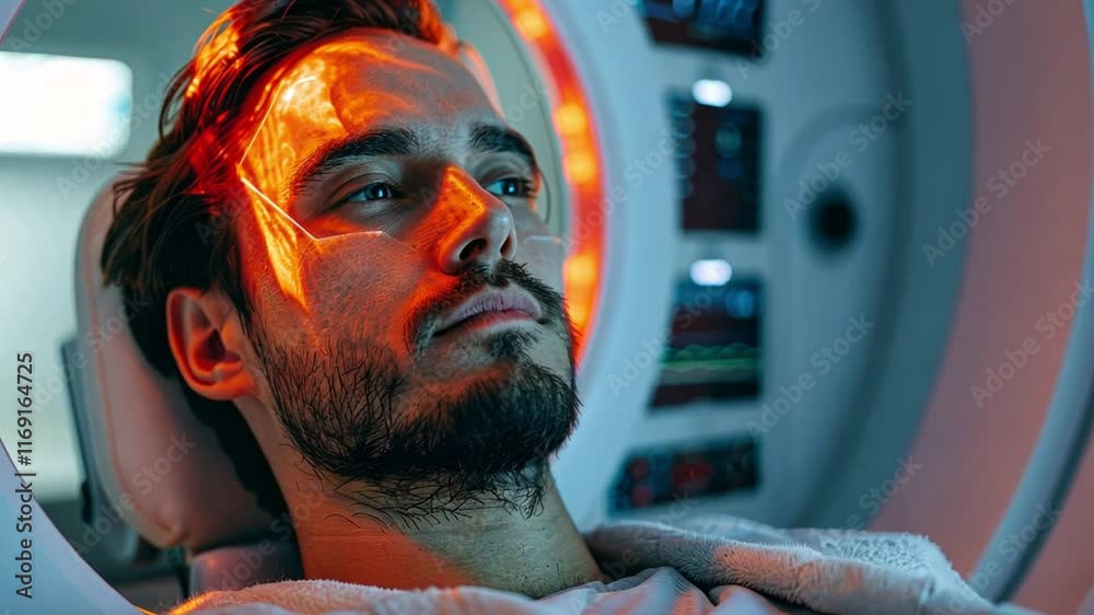 Poster High-definition presentation of a patient undergoing advanced treatments using AI technology in a clinic focused on stem cell therapy. The environment is high-tech and innovative.