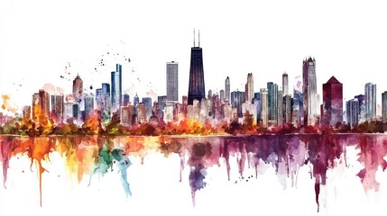 Fototapeta premium A detailed watercolor painting of the Chicago skyline against a white background, Depict the diversity of architectural styles that define Chicago's unique skyline