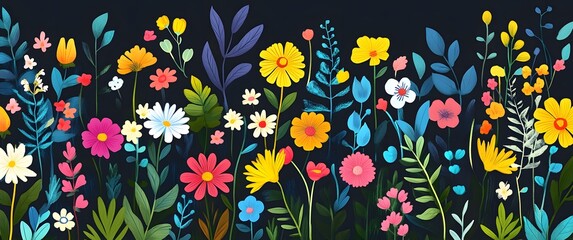 Obraz premium Vibrant floral pattern with colorful spring flowers on dark background