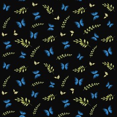 Fototapeta premium Beautiful butterfly and foliage pattern on a dark background for textile and wrapping design