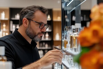 A focused man examining perfume bottles in a retail store, highlighting the attention to detail and the sensory experience of choosing the perfect fragrance for personal expression.