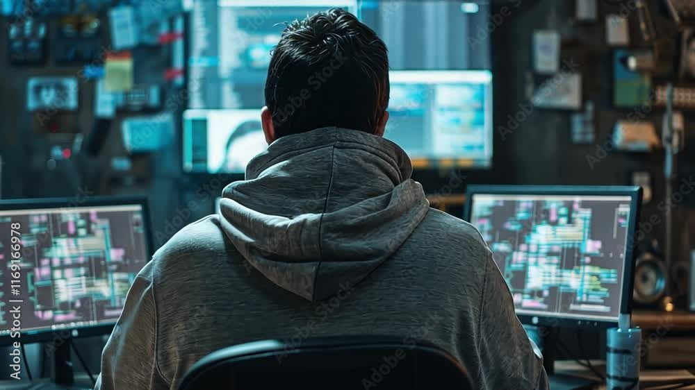 Poster In a contemporary workspace, a skilled coder focuses intently on several screens displaying complex code and data analytics, illuminated by neon lights in the dark.