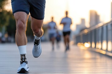 An athlete runs swiftly with an advanced prosthetic leg along a scenic boardwalk, symbolizing determination, physical fitness, and the triumph of the human spirit.