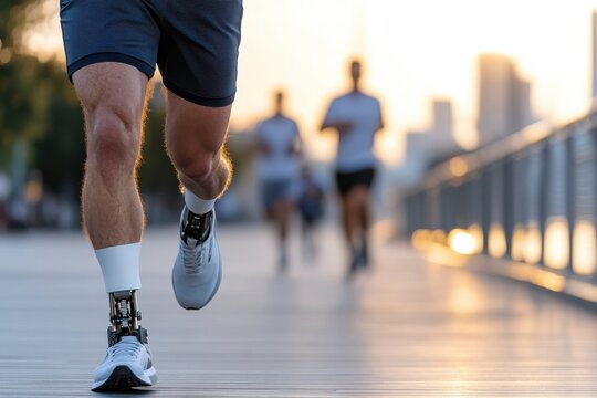 An athlete runs swiftly with an advanced prosthetic leg along a scenic boardwalk, symbolizing determination, physical fitness, and the triumph of the human spirit.