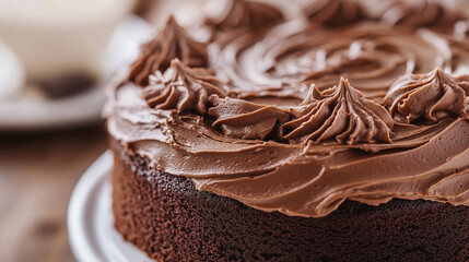 A close up of rippled chocolate frosting spread over a cake with rich, creamy layers.
