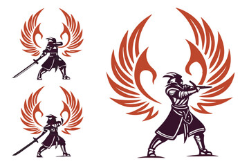 12 unique Samurai Phoenix mascot logo vector silhouettes with fiery wings and noble stances