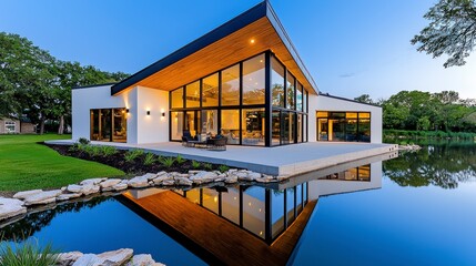 Modern architectural design of house by serene water landscape