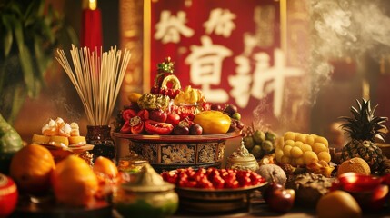 A festive altar dedicated to adorned with incense, fruits, and gold ornaments, with Chinese calligraphy wishing "