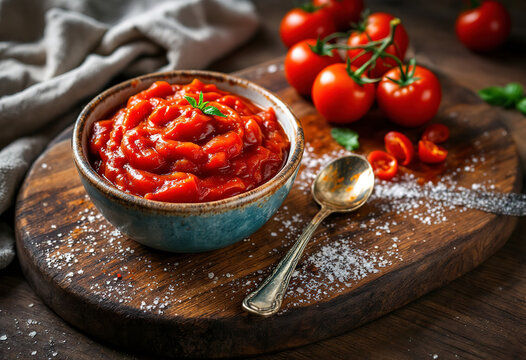 A photo of tomato sauce on a wooden cutting board