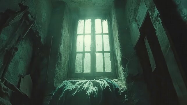 Eerie light filtering through an abandoned window old house atmospheric image dark interior low angle mystery