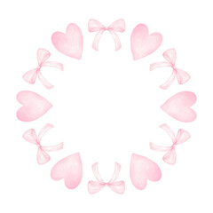 heart, bow. Watercolor round frame template in pastel colors for textile and wrapping paper. Cute watercolor illustration for Valentine's Day