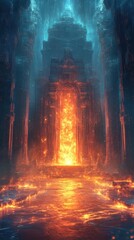 Dramatic and cinematic digital of a portal gate leading to a mysterious and ancient temple engulfed in hellfire and lava creating an otherworldly apocalyptic and ominous fantasy landscape