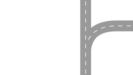 A gray road with dashed white lines splitting into two directions on a white background