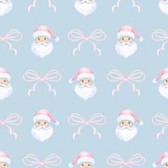 Santa Claus, bow. Watercolor seamless pattern in pastel colors. Cute cartoon illustration for textile and paper for Christmas
