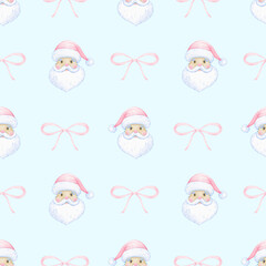 Santa Claus, bow. Watercolor seamless pattern in pastel colors. Cute cartoon illustration for textile and paper for Christmas