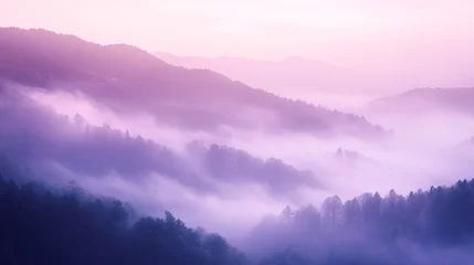 Fototapete Rund Misty mountain landscape at dawn with soft purple hues and dense fog © Sajib