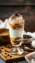A refreshing iced coffee drink served in a clear glass, beautifully topped with whipped cream and garnished with coffee beans, displayed with a cozy ambiance perfect for coffee enthusiasts.

