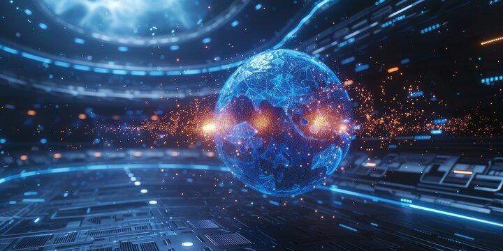 Futuristic holographic globe emitting glowing energy particles in a high-tech environment with dynamic digital visuals