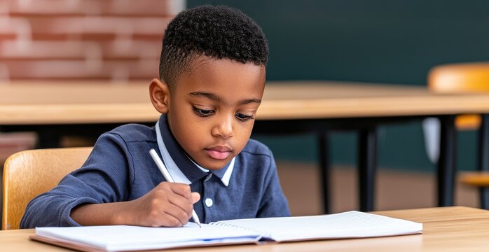 A focused young boy is writing in a notebook at a classroom desk, showcasing his commitment to learning and education.