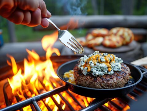 Grilling gourmet blue cheese burgers outdoor campfire food photography rustic environment close-up viewpoint culinary art