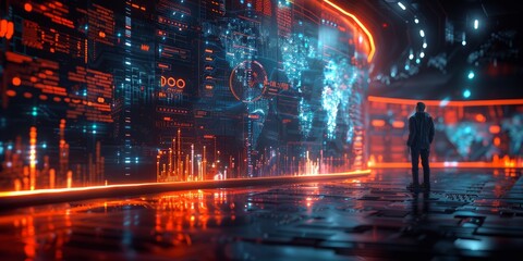 Man standing in a futuristic control room surrounded by glowing holographic data displays