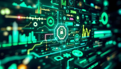 Abstract Futuristic Circuit Board with Glowing Elements and Data Visualization