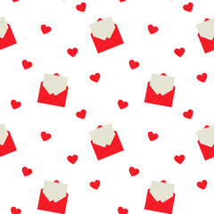 Red envelopes with hearts on white background seamless pattern. Vector love symbols background for Mothers Day or Valentines Day greeting card design.