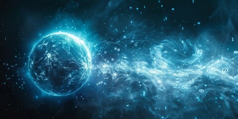 Glowing digital planet surrounded by dynamic data streams and binary code in a futuristic and cosmic environment