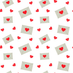 Light envelopes with hearts on white background seamless pattern. Vector love symbols background for Mothers Day or Valentines Day greeting card design.