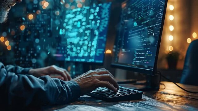 A skilled coder focuses intently on multiple computer screens filled with vibrant lines of code and data. The warm lights in the background create an inspiring atmosphere for creativity.
