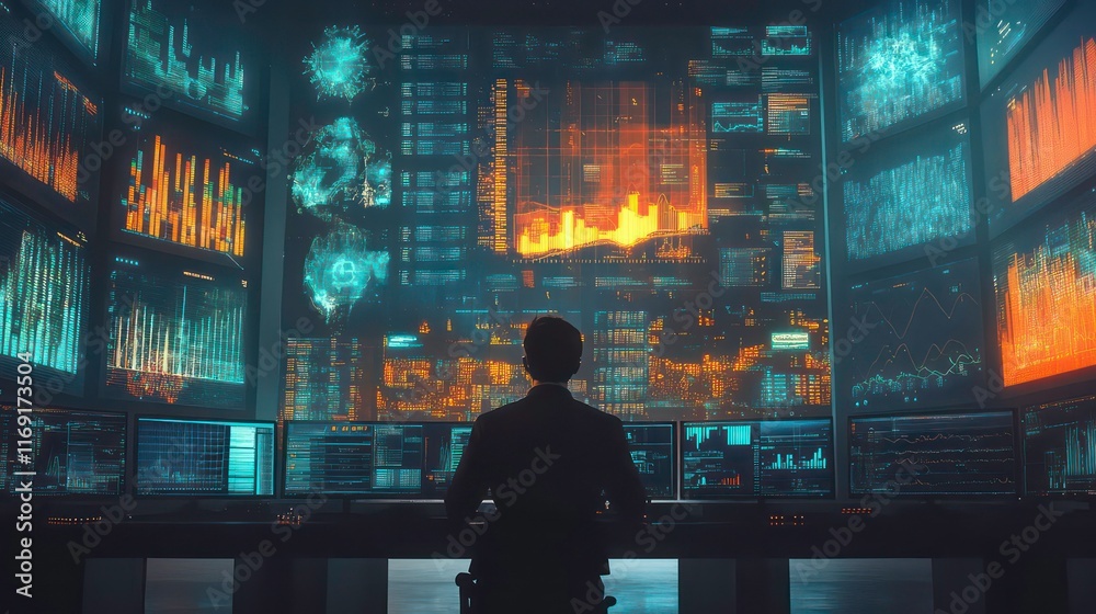 Poster a man works as an operator specialist in a computer data center in front of many monitors with chart