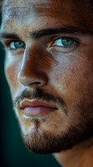 Close-up portrait of a man with intense green eyes and stubble.