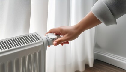 A hand adjusting a radiator thermostat against a bright and minimalistic interior setting with curtains