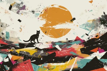 Fototapeta premium Abstract cat silhouette with sun