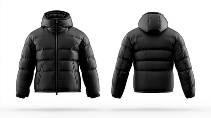A mockup template of a black down jacket with a zipper, shown in both front and back views, isolated on a white background, suitable for winter sport jacket designs