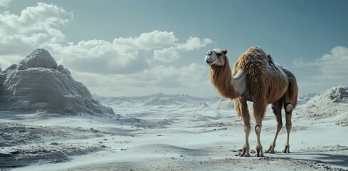 A lone camel stands in a snowy desert landscape