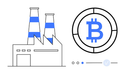 Industrial factory with two chimneys producing Bitcoin symbol on large coin. Ideal for cryptocurrency, blockchain technology, digital economy, online payments, financial technology, industrial
