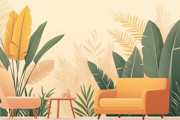 Obraz premium Stylish retro living room with lush botanical wallpaper