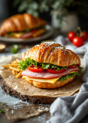French croissant sandwich with lettuce , cheese , tomatoes and ham