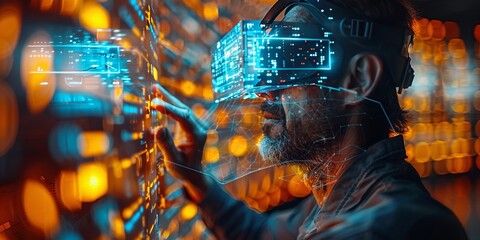 Man wearing futuristic virtual reality headset with holographic interface, immersed in a digital environment filled