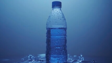Refreshing water bottle in clear blue liquid studio setting product photography minimalist style