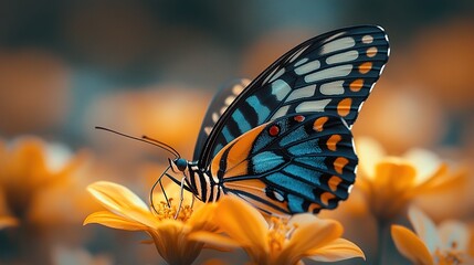 A high-resolution close-up of a colorful butterfly resting on a blooming flower. The butterfly&rsquo;s wings showcase intricate patterns in vibrant hues of blue, orange, and black.