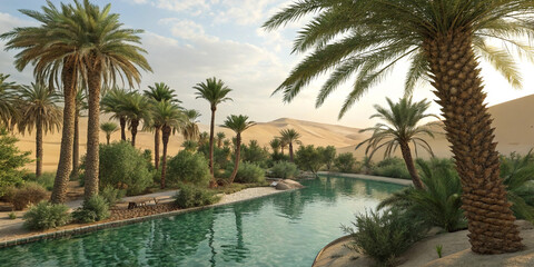 Fototapeta premium A Lush Oasis in the Desert Showcasing Vibrant Palm Trees and Refreshing Waters