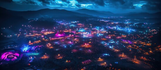 Fototapeta premium Aerial night view of illuminated festival city in mountains.