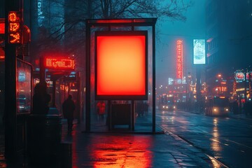 vertical digital billboard poster illuminated by city lights showcasing a blank space for advertising at a bustling bus stop on a misty night surrounded by urban life and glowing neon signs