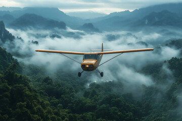 Airplane flying low over dense forest and misty mountains at dawn,helicopter in flight