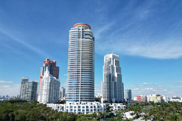 Fototapeta premium Miami South beach landscape aerial view. Aerial Miami skyscraper. Aerial Miami south beach. Cityscape landscape of South Beach. Florida panorama. Skyscraper architecture of Miami