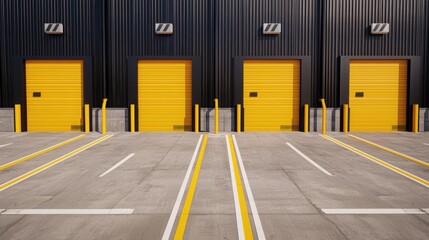 Cargo management on tracking and network. Industrial storage facility with yellow doors and parking lines.